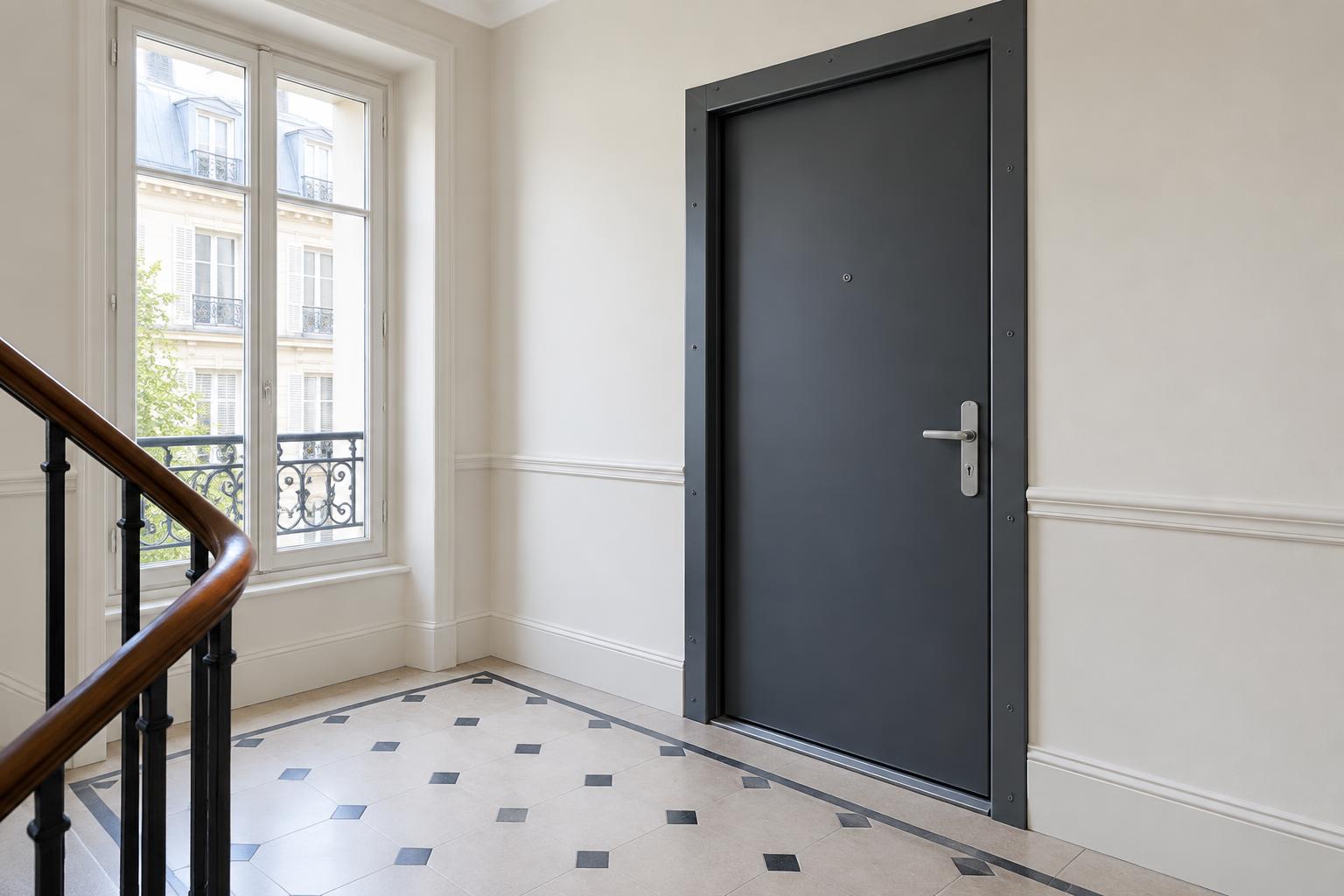Porte renforcée et cadre métallique sur un palier d’immeuble