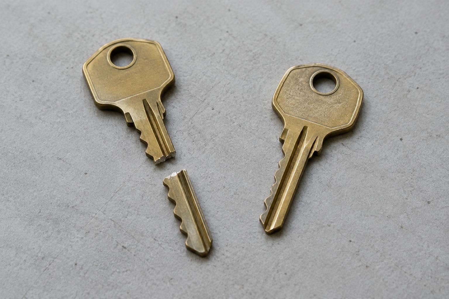 Clé cassée en deux morceaux à côté d’une clé intacte