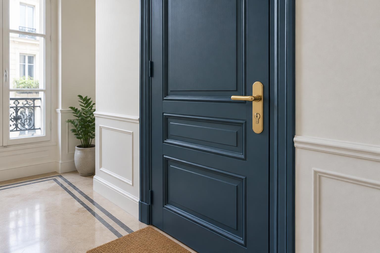 Porte d’entrée fermée avec poignée et serrure en laiton