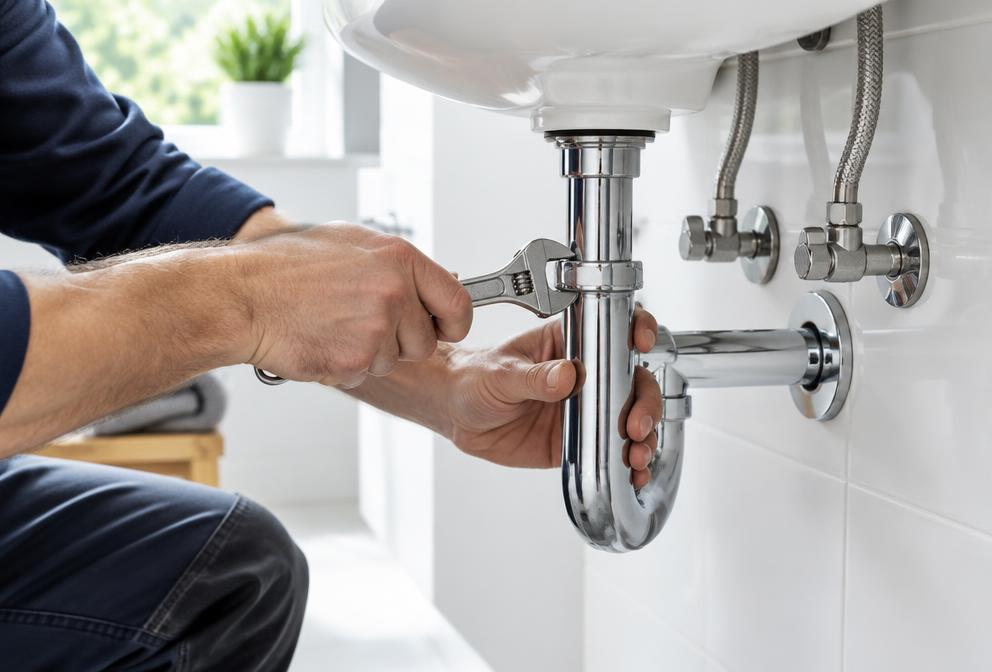 Intervention sur les raccords de plomberie sous un lavabo